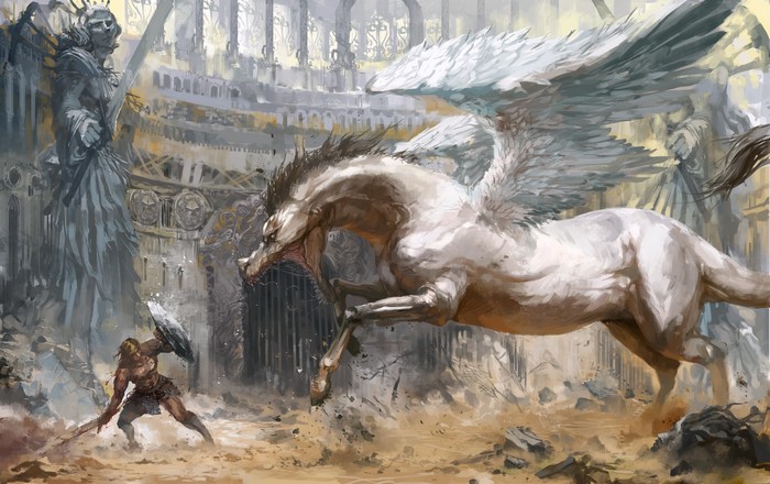 Pegasus attacking a warrior in ancient ruins