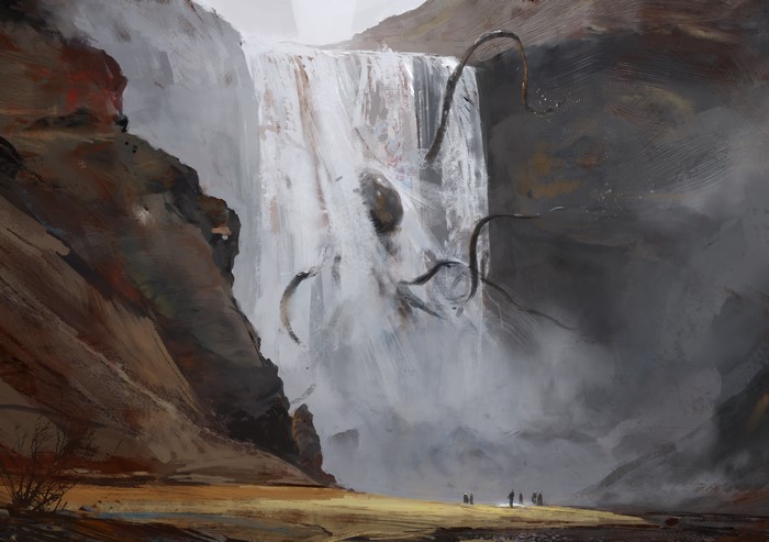 Creature emerging from a waterfall with people below