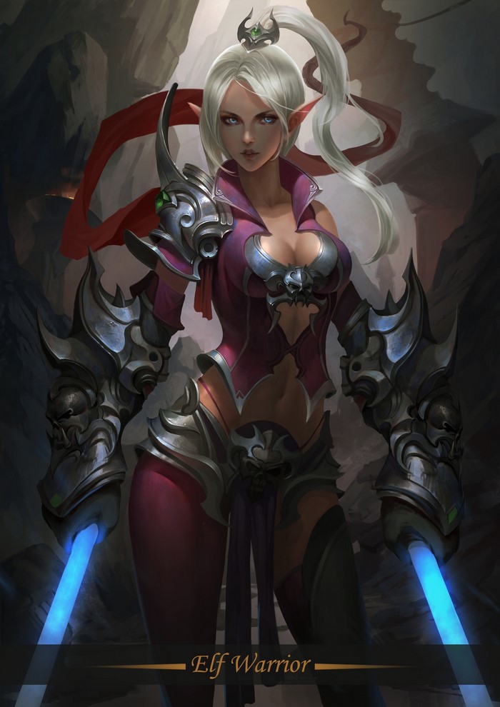 Elf warrior with glowing swords in a cave