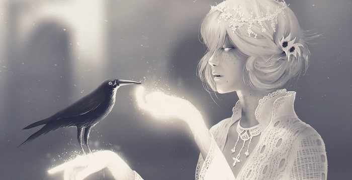Fantasy girl with a raven and glowing magic