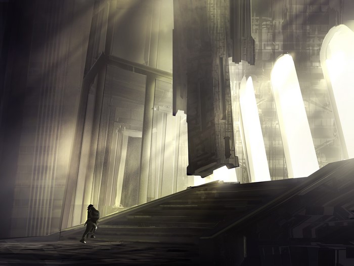 Fantasy temple with a person climbing stairs