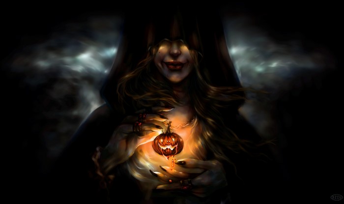 Fantasy art of a woman with a pumpkin necklace