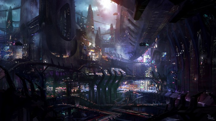 Futuristic Cityscape with Flying Vehicles