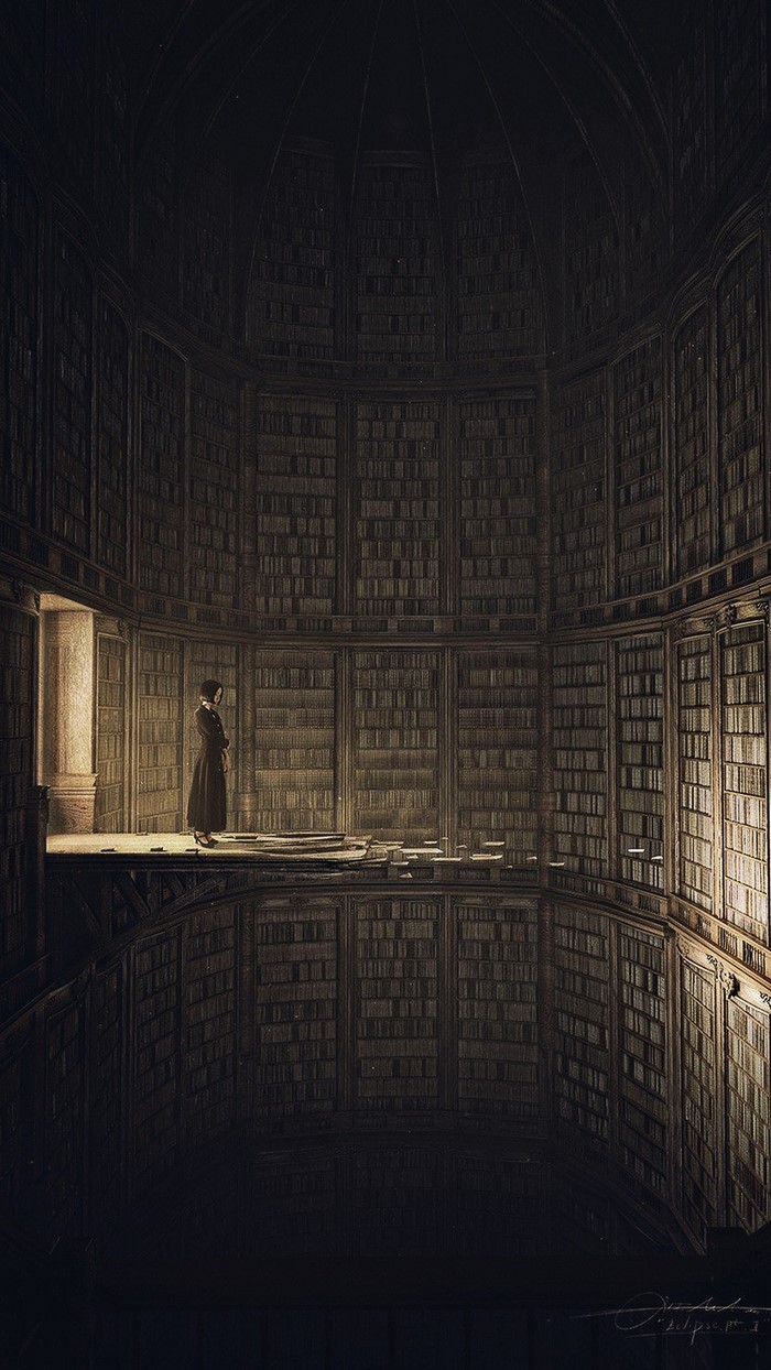 Woman in a vast library with reflections