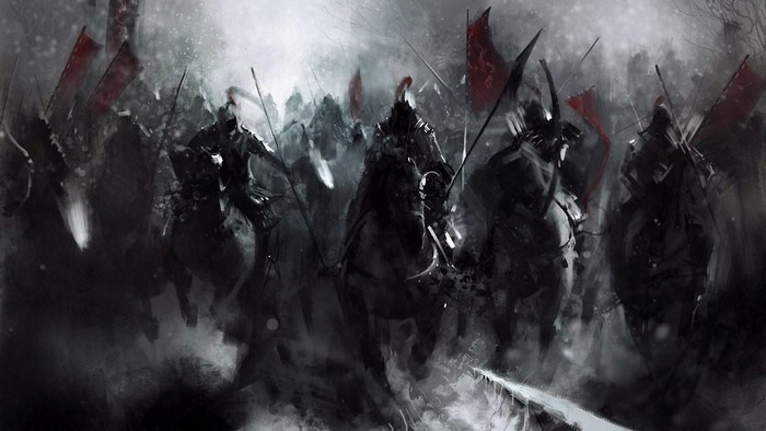 Dark fantasy warriors on horseback with red banners