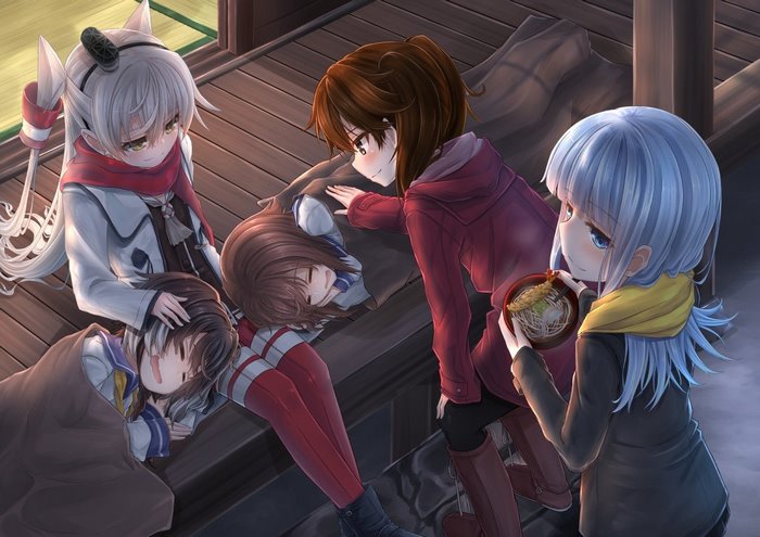 Anime girls sleeping and eating noodles