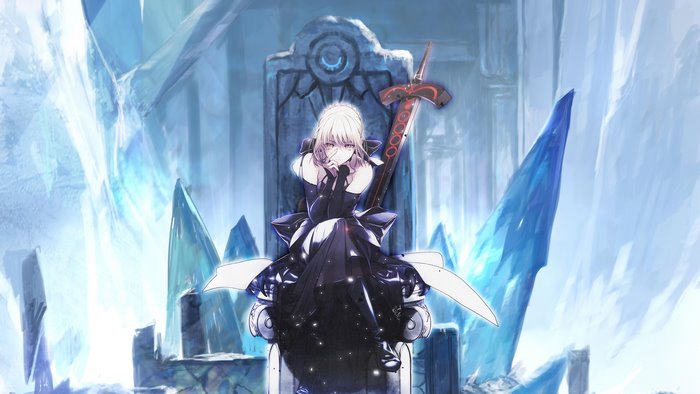 Saber from Fate/stay night on a throne with a sword
