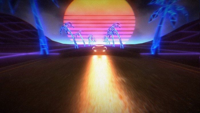 Retro wave neon car driving towards sunset