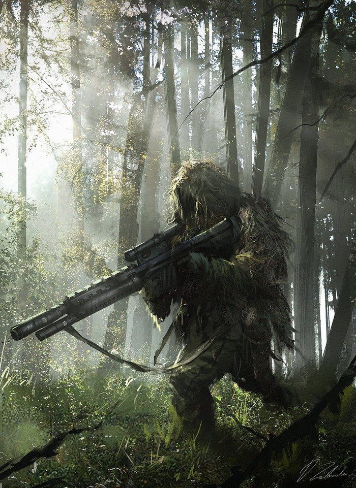Sniper in ghillie suit with rifle in forest