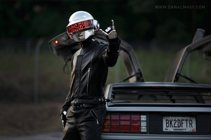 Daft Punk member with DeLorean car