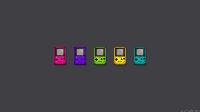 Five pixel art Game Boys in different colors