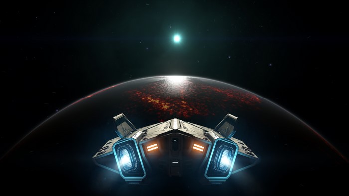 Spaceship approaching a glowing planet in Elite Dangerous