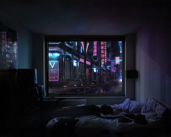 Person sleeping in a neon-lit cyberpunk room