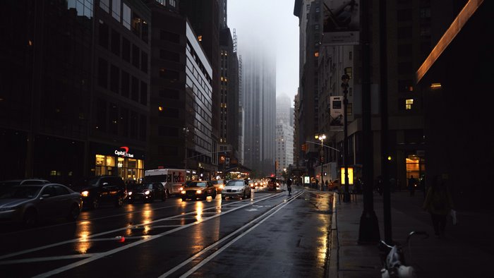 New York City street in fog with traffic