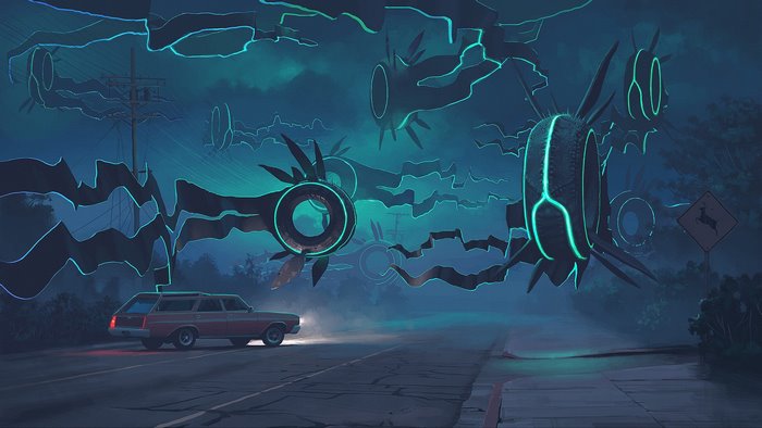 Alien machines hover over a road with a station wagon