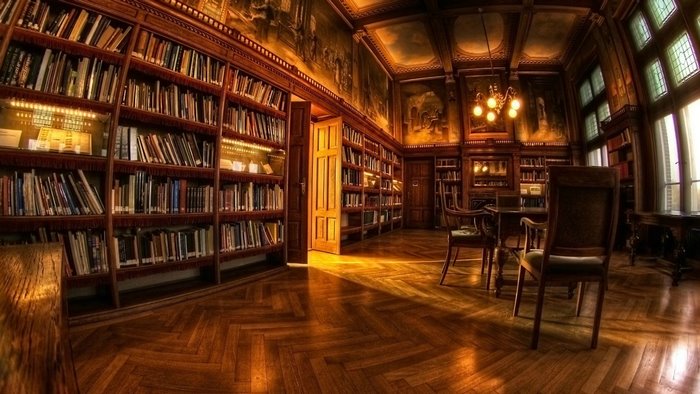 Library with bookshelves and chairs