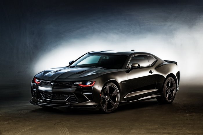 Black Chevrolet Camaro SS parked indoors