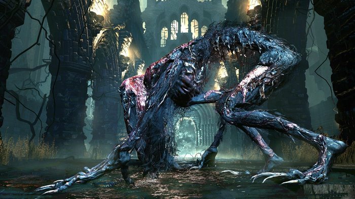 Beast from Bloodborne in ruined cathedral