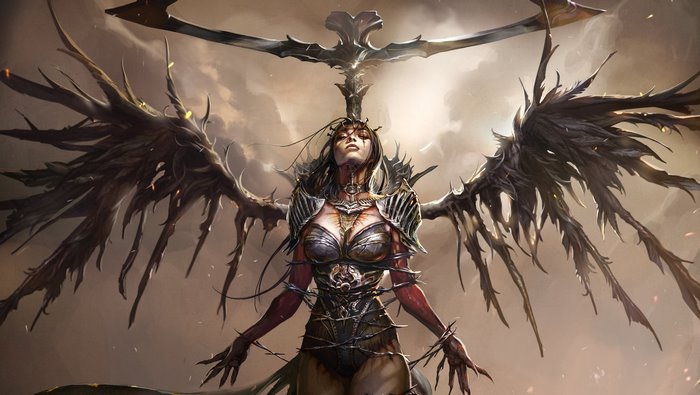 Fantasy warrior angel with dark wings
