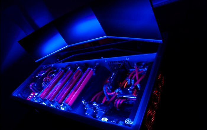 Custom PC build with blue and red lighting