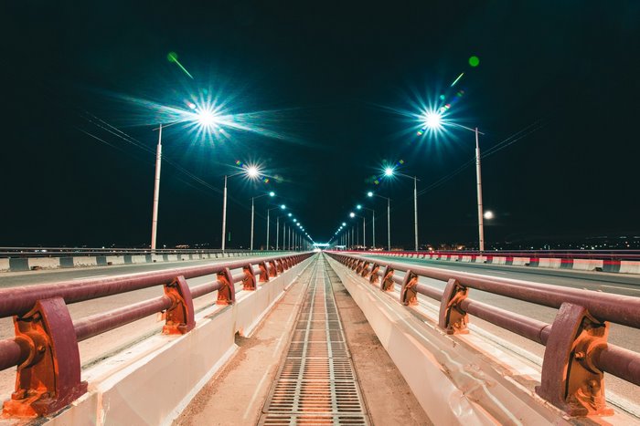 Bridge at night with street lights