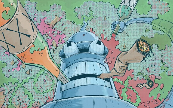 Bender from Futurama with alcohol and a joint