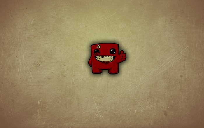Super Meat Boy character on textured background