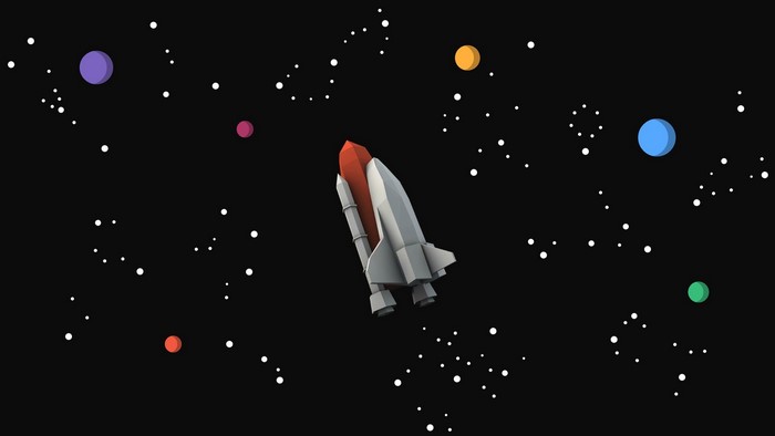 Spaceship flying through a starry galaxy with planets