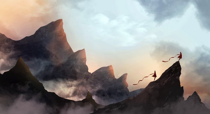 Two figures with red scarves on mountain peaks