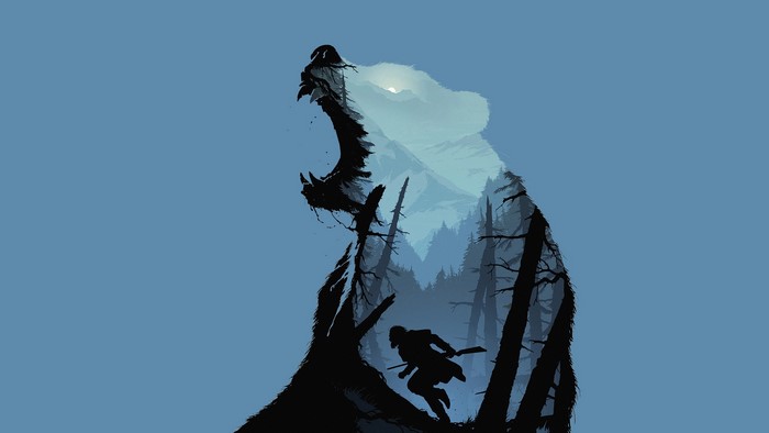 Man running from bear in forest landscape