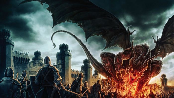 Dragon attacking a medieval castle with soldiers