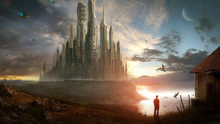 Futuristic city with flying vehicles and a lone figure