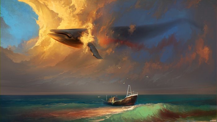 Whale emerging from fiery clouds over a shipwreck
