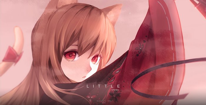 Anime girl with cat ears and red eyes in a red kimono