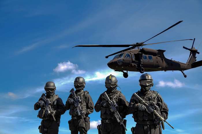 Soldiers and Helicopter in Formation