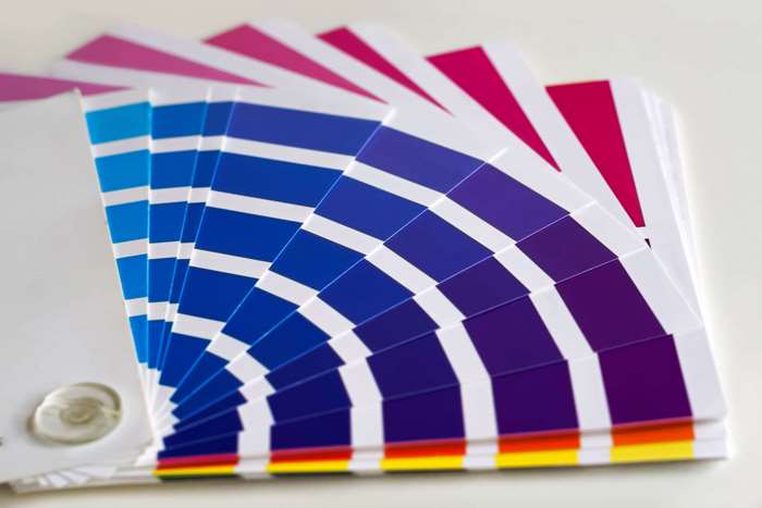 Color palette swatches with blue, purple, and pink hues