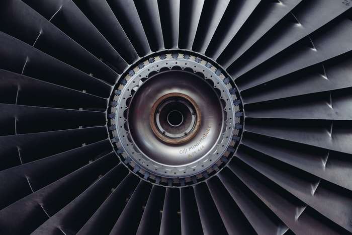 Close-up of a jet engine turbine