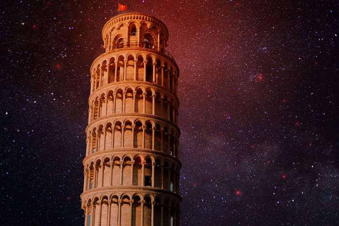 Leaning Tower of Pisa against a starry night sky