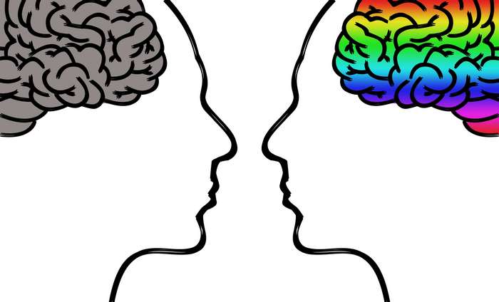 Two faces in profile with brains, one gray, one rainbow