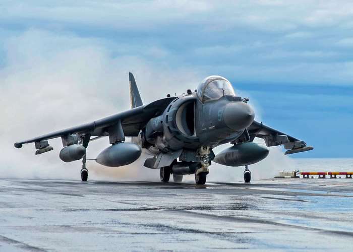 AV-8B Harrier Jet Landing on Aircraft Carrier