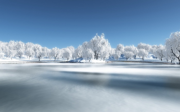 Winter landscape with frozen lake and snow-covered trees
