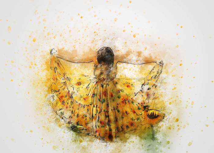 Woman in a floral dress with sunflowers