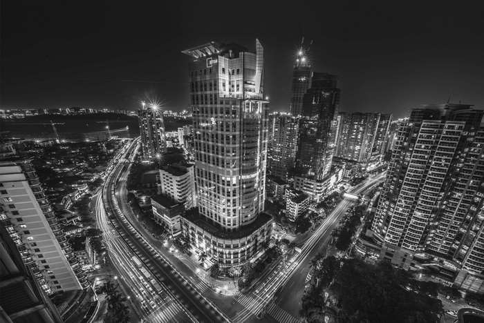 Cityscape at Night with Light Trails