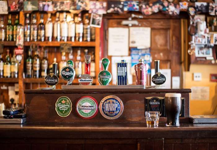 Bar counter with beer taps and drinks