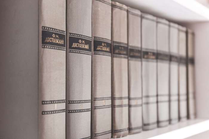 Collection of Fyodor Dostoevsky books on a shelf