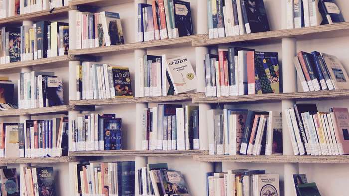 Books on shelves in a library