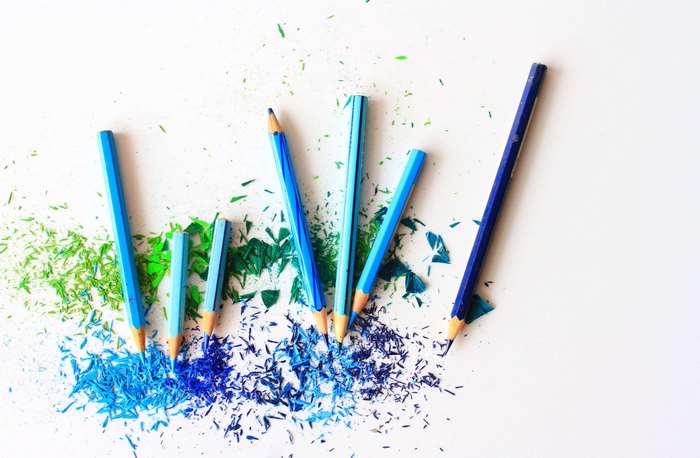 Blue and Green Colored Pencils with Shavings 4K
