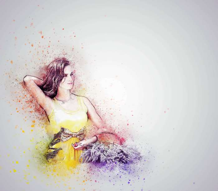 Woman in yellow dress with a basket of lavender