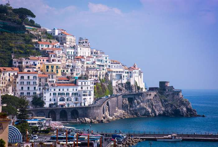 Amalfi Coast cliffside town with Mediterranean Sea