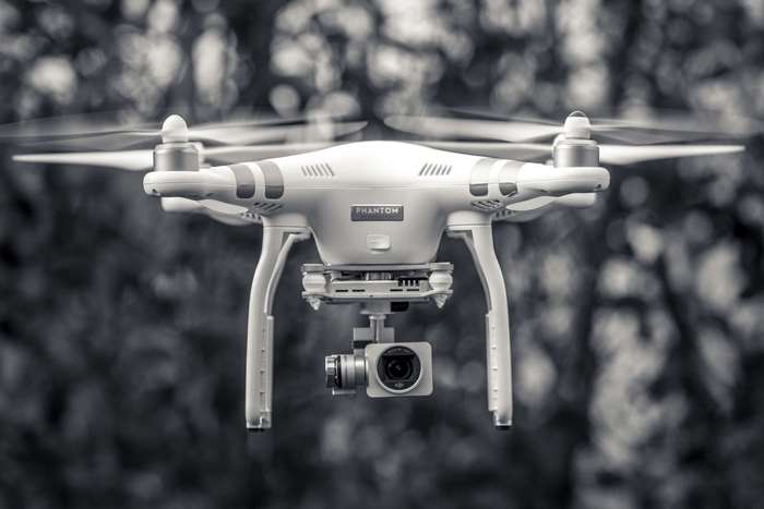 DJI Phantom 4K drone in black and white